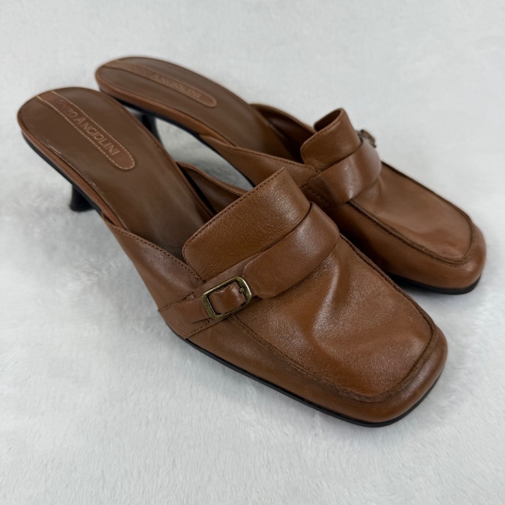 Enzo Angiolini Brown Leather Mules Heels Buckle Detail Square Toe Size‎ 8.5M